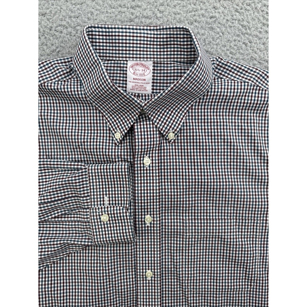 Brooks Brothers Dress Shirt Mens 16.5 34 Blue Excellent Madison Non Iron Check